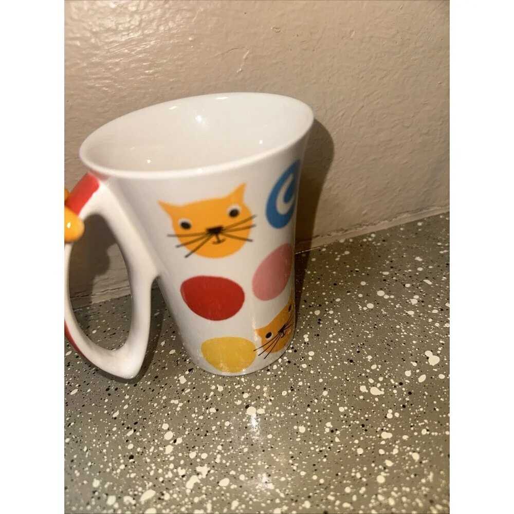 Indra Stoneware‎ Cat Coffee Mug Vintage With Cat On Handle Hand Painted Colorful
